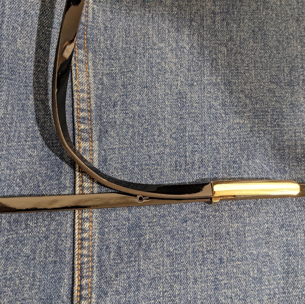 Women's 40 in length thin black high gloss belt gold buckle